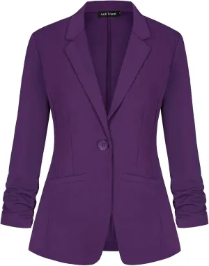 Blazers for Women Dressy Casual Ruched 3/4 Sleeve Lapel Button Work Office Cardigan Suit Jacket with Pockets