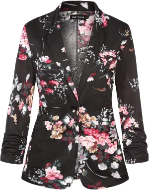 Blazers for Women Dressy Casual Ruched 3/4 Sleeve Lapel Button Work Office Cardigan Suit Jacket with Pockets
