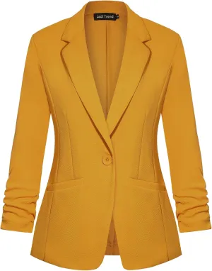 Blazers for Women Dressy Casual Ruched 3/4 Sleeve Lapel Button Work Office Cardigan Suit Jacket with Pockets