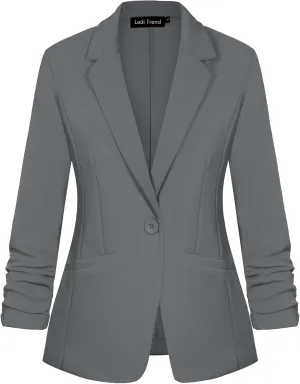 Blazers for Women Dressy Casual Ruched 3/4 Sleeve Lapel Button Work Office Cardigan Suit Jacket with Pockets
