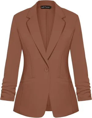 Blazers for Women Dressy Casual Ruched 3/4 Sleeve Lapel Button Work Office Cardigan Suit Jacket with Pockets