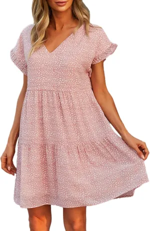 Boho Beach Dresses for Women Cute Floral V Neck Ruffle Sleeve Tiered Mini Dress Gift Boho Swimsuit Coverup for Women