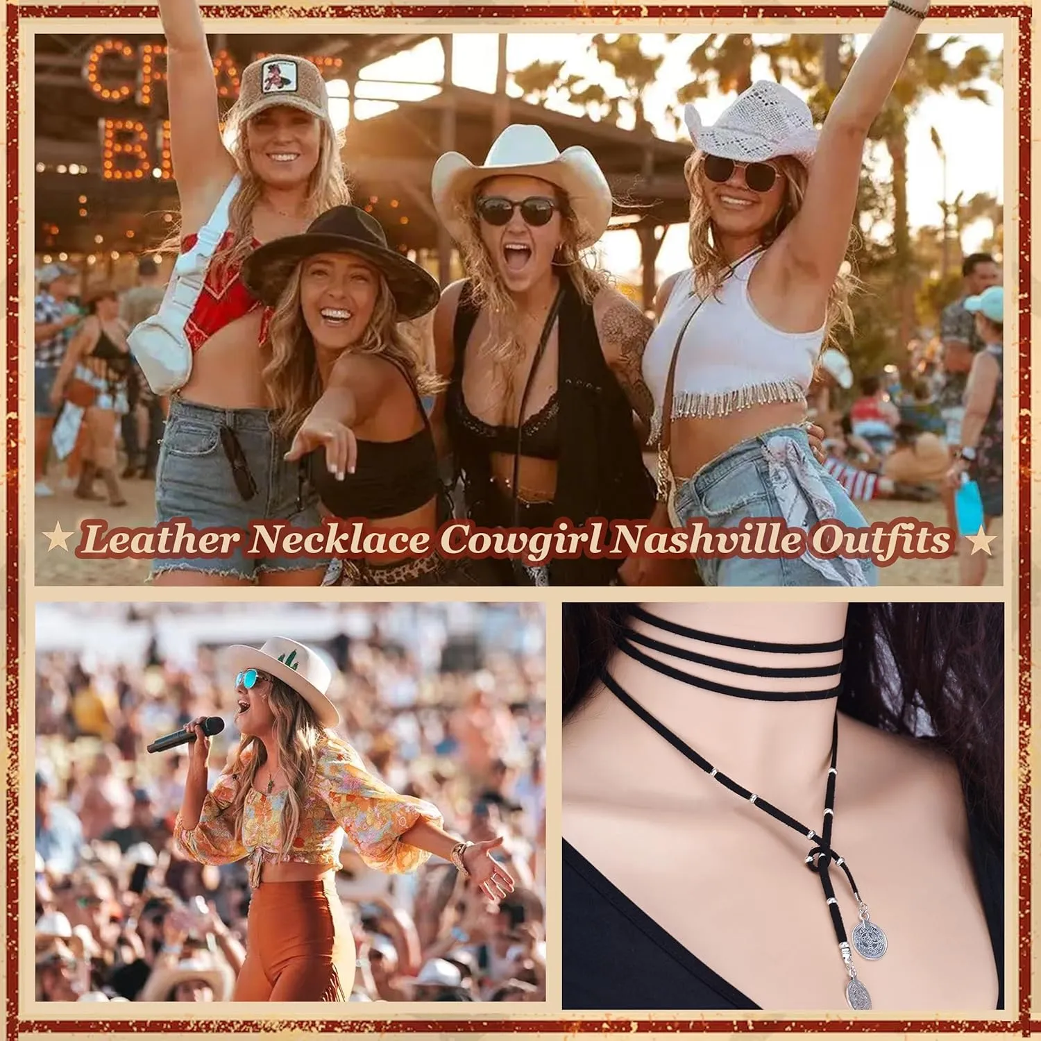 Boho Necklaces for Women Country Concert Outfits Nashville Western Outfit for Women Choker Necklaces Long Leather Necklace Western Dress Jewelry Country Cowgirl Accessories Gifts