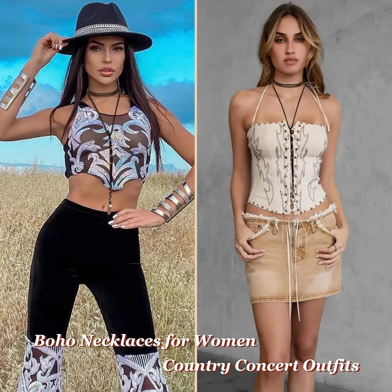 Boho Necklaces for Women Country Concert Outfits Nashville Western Outfit for Women Choker Necklaces Long Leather Necklace Western Dress Jewelry Country Cowgirl Accessories Gifts