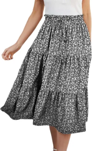 Boho Pleated Skirts for Women Tiered Elastic High Waisted Ruffle Flowy Mini Dresses Casual Trendy Skirts