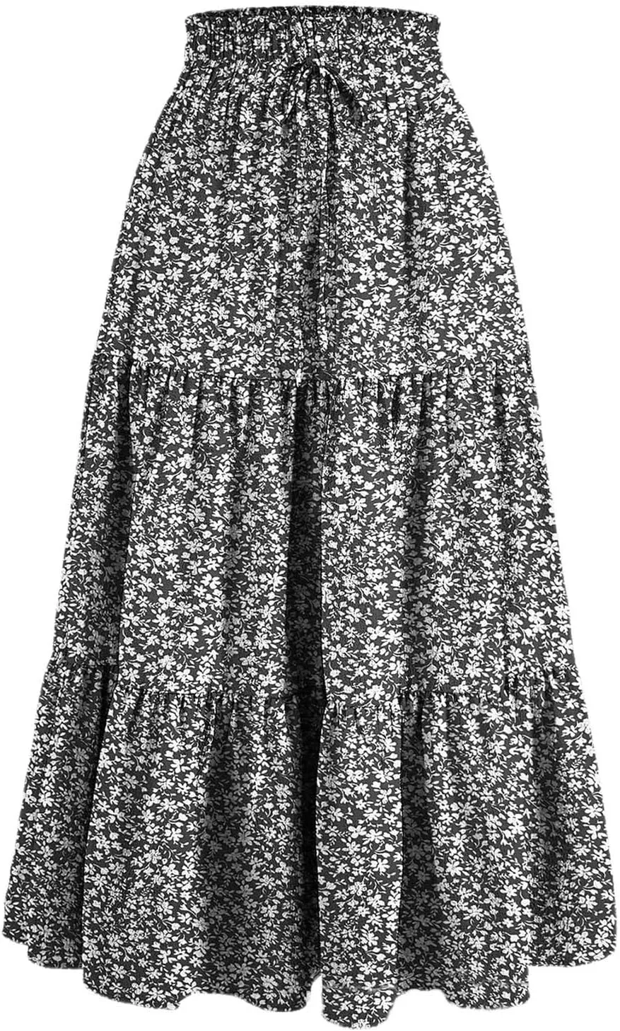 Boho Pleated Skirts for Women Tiered Elastic High Waisted Ruffle Flowy Mini Dresses Casual Trendy Skirts