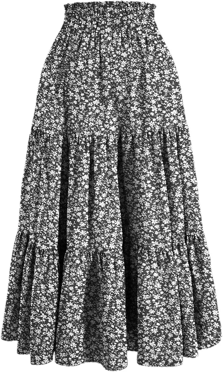 Boho Pleated Skirts for Women Tiered Elastic High Waisted Ruffle Flowy Mini Dresses Casual Trendy Skirts