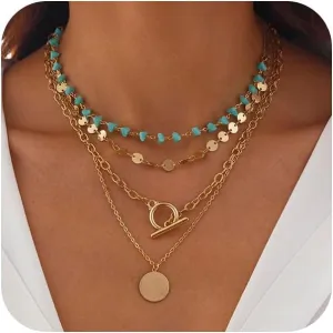 Boho Western Turquoise Gold Layered Pendant Necklace For Women Bohemian Layering Disc Beaded OT Buckle Choker Country Costume Necklaces Trendy Stack Jewelry