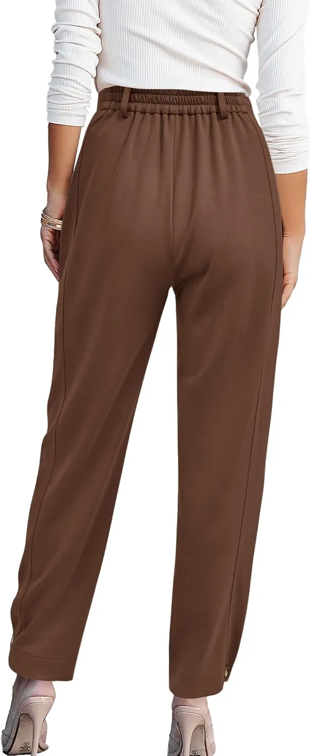 BTFBM Women's 2025 Casual Button Down Pants Elastic High Waist Business Work Trousers Long Straight Slacks with Pockets