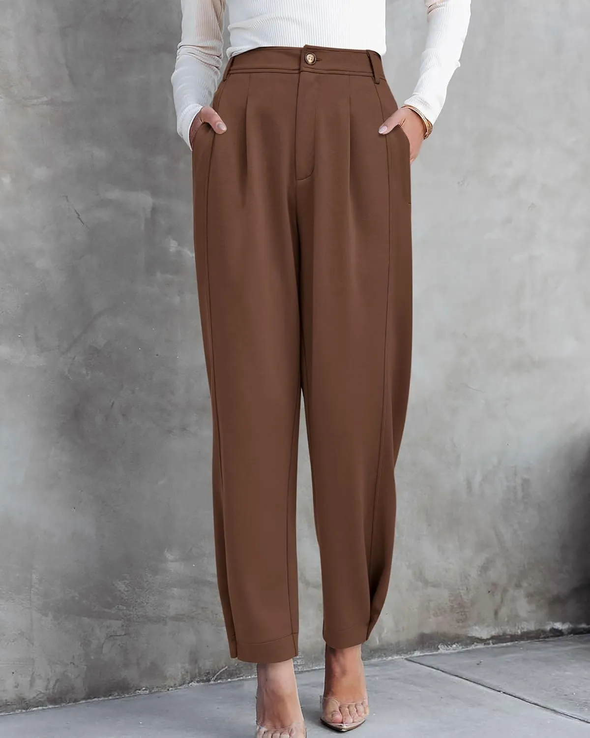 BTFBM Women's 2025 Casual Button Down Pants Elastic High Waist Business Work Trousers Long Straight Slacks with Pockets
