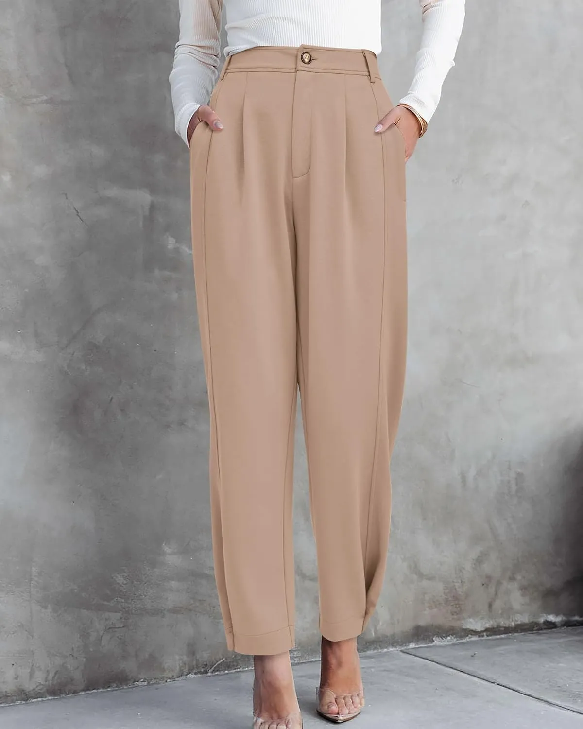 BTFBM Women's 2025 Casual Button Down Pants Elastic High Waist Business Work Trousers Long Straight Slacks with Pockets