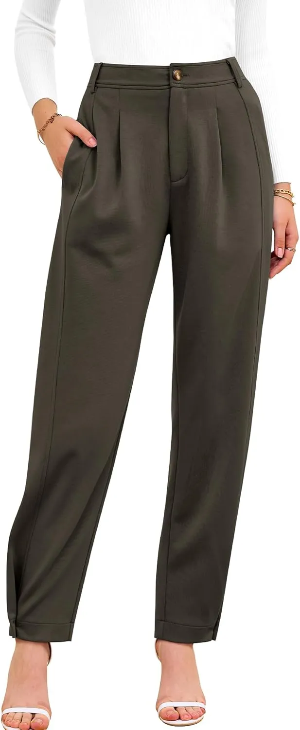 BTFBM Women's 2025 Casual Button Down Pants Elastic High Waist Business Work Trousers Long Straight Slacks with Pockets
