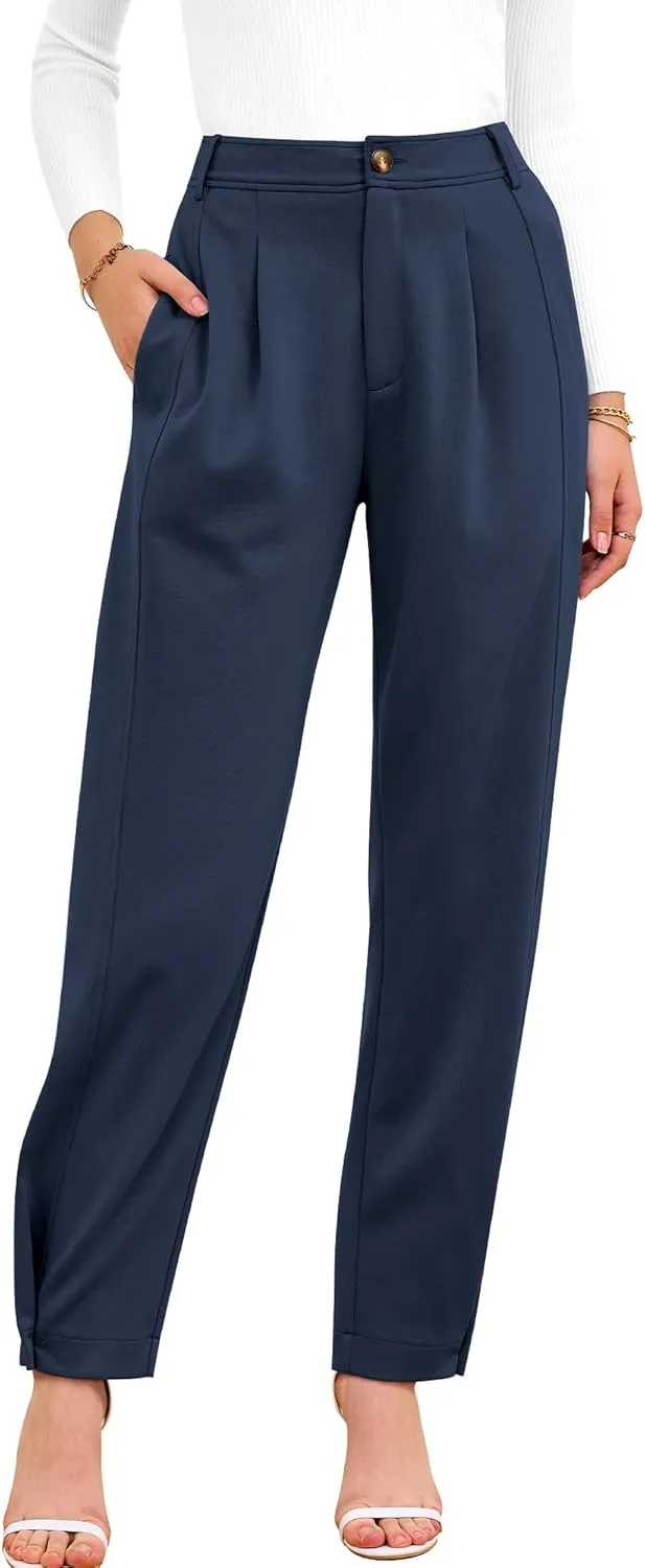 BTFBM Women's 2025 Casual Button Down Pants Elastic High Waist Business Work Trousers Long Straight Slacks with Pockets