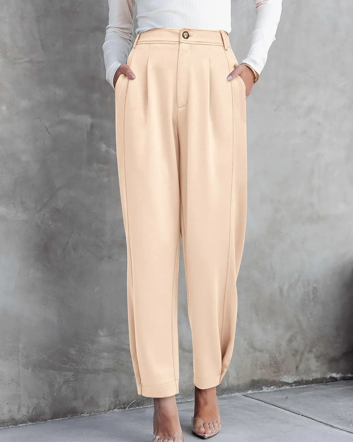 BTFBM Women's 2025 Casual Button Down Pants Elastic High Waist Business Work Trousers Long Straight Slacks with Pockets
