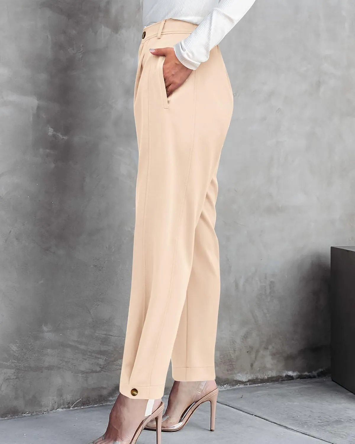 BTFBM Women's 2025 Casual Button Down Pants Elastic High Waist Business Work Trousers Long Straight Slacks with Pockets