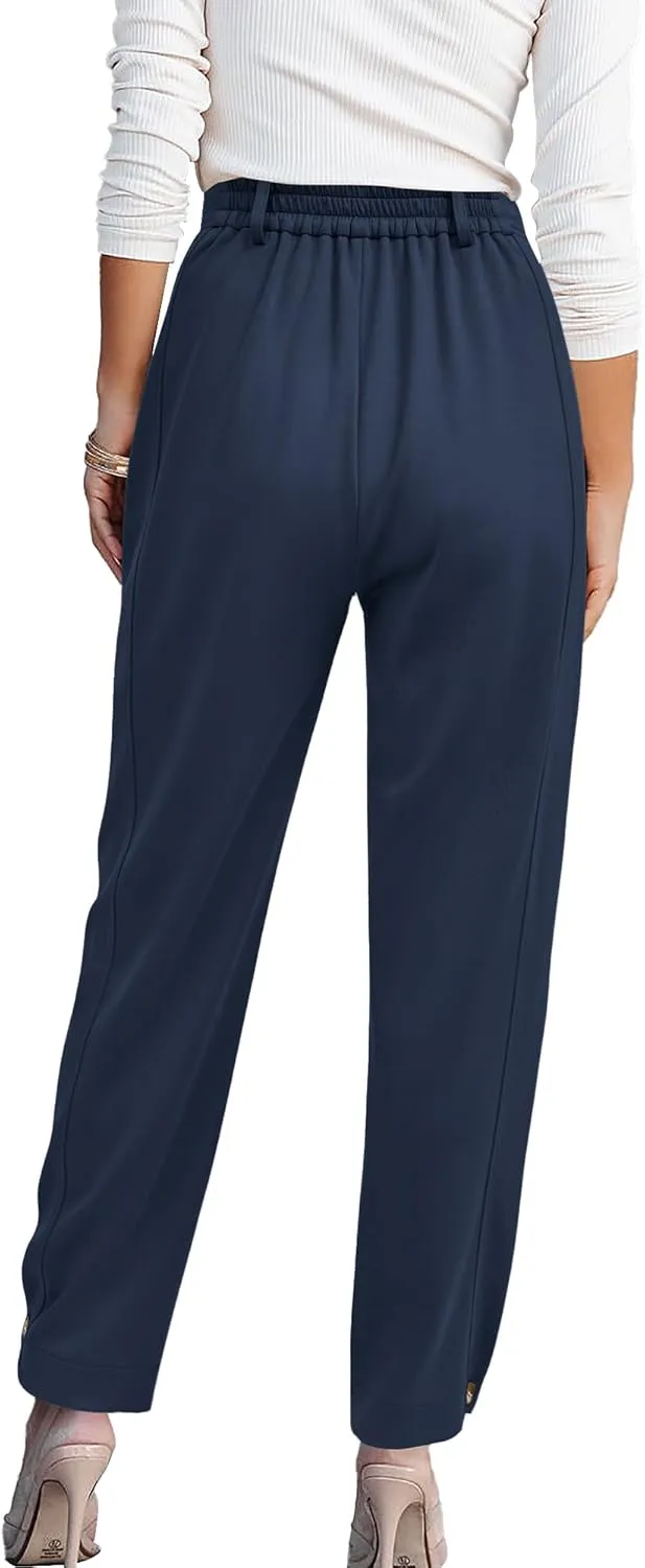 BTFBM Women's 2025 Casual Button Down Pants Elastic High Waist Business Work Trousers Long Straight Slacks with Pockets