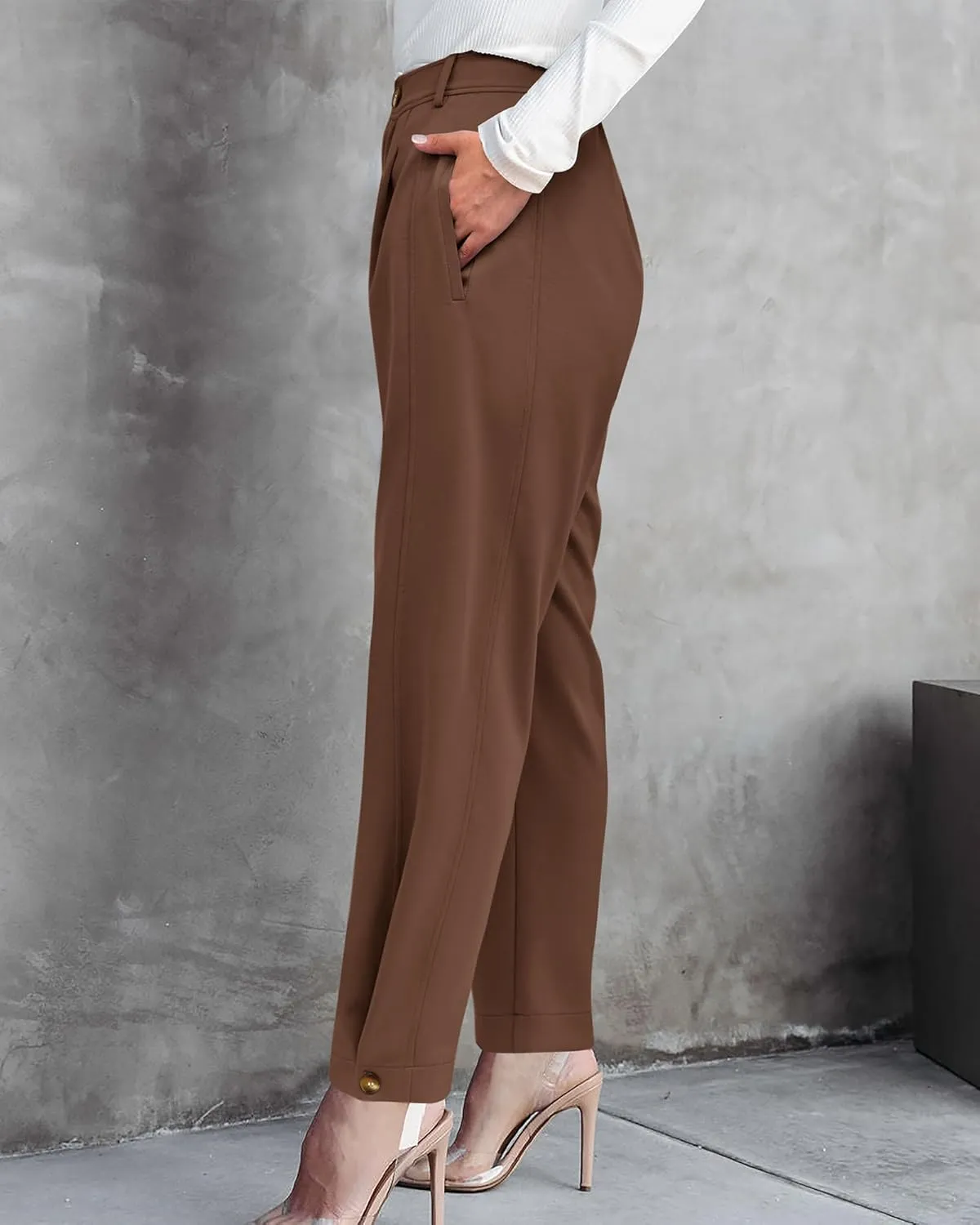 BTFBM Women's 2025 Casual Button Down Pants Elastic High Waist Business Work Trousers Long Straight Slacks with Pockets
