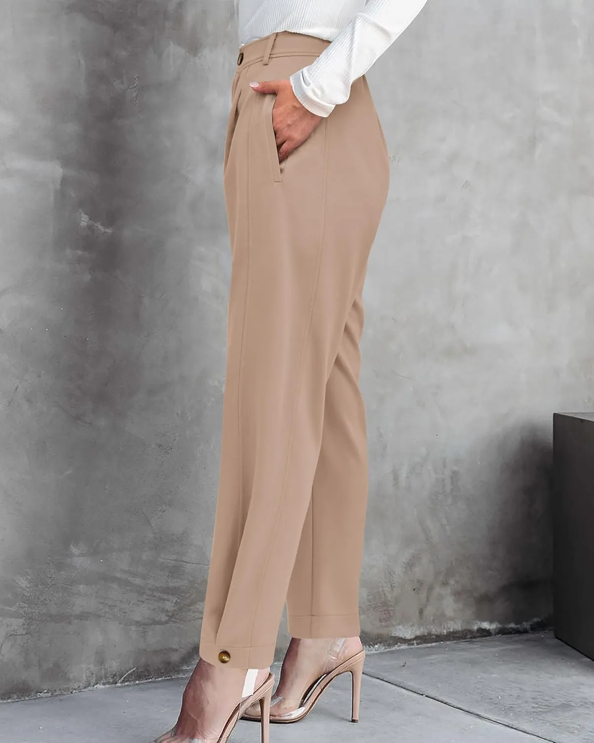 BTFBM Women's 2025 Casual Button Down Pants Elastic High Waist Business Work Trousers Long Straight Slacks with Pockets