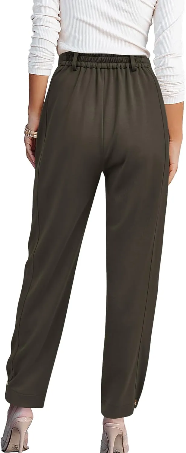 BTFBM Women's 2025 Casual Button Down Pants Elastic High Waist Business Work Trousers Long Straight Slacks with Pockets