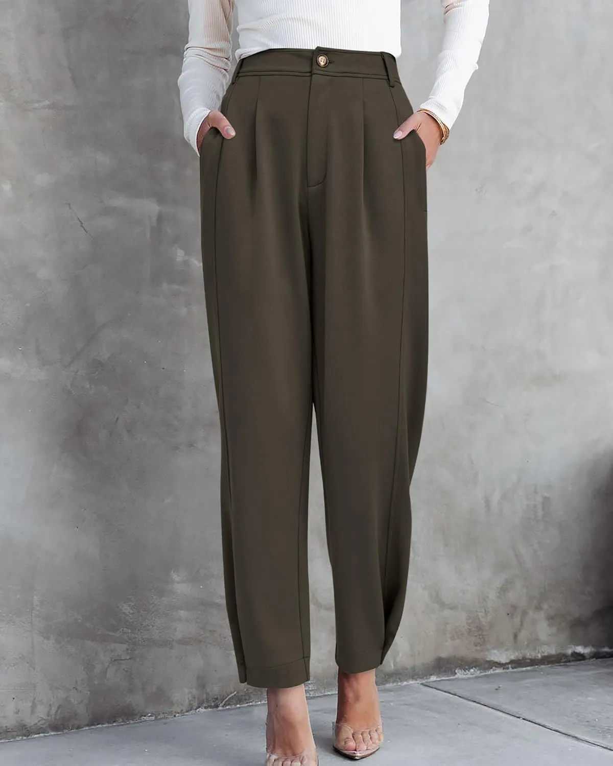 BTFBM Women's 2025 Casual Button Down Pants Elastic High Waist Business Work Trousers Long Straight Slacks with Pockets