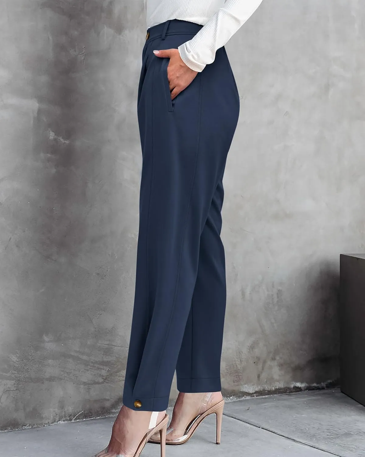 BTFBM Women's 2025 Casual Button Down Pants Elastic High Waist Business Work Trousers Long Straight Slacks with Pockets