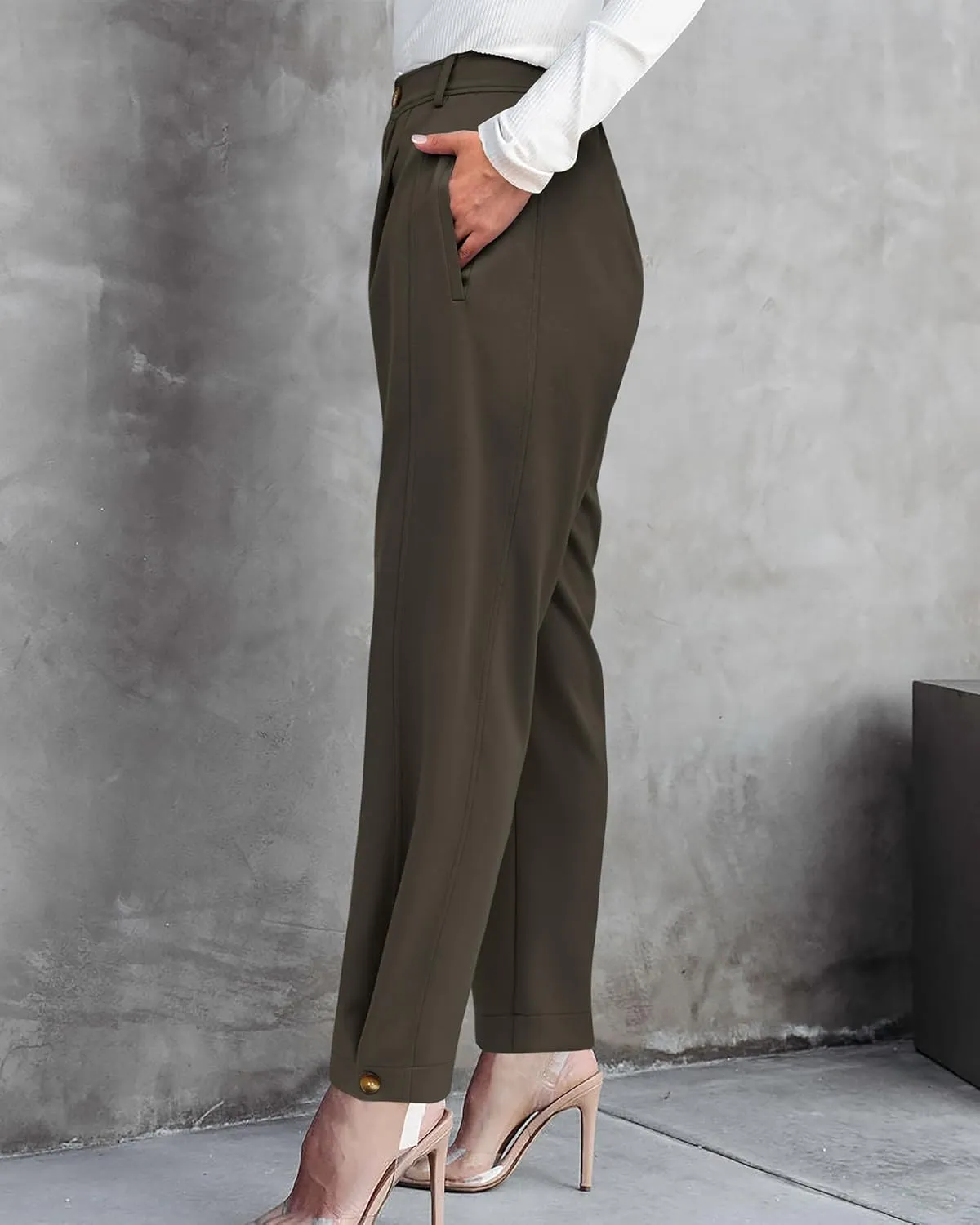 BTFBM Women's 2025 Casual Button Down Pants Elastic High Waist Business Work Trousers Long Straight Slacks with Pockets