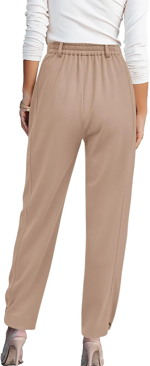 BTFBM Women's 2025 Casual Button Down Pants Elastic High Waist Business Work Trousers Long Straight Slacks with Pockets