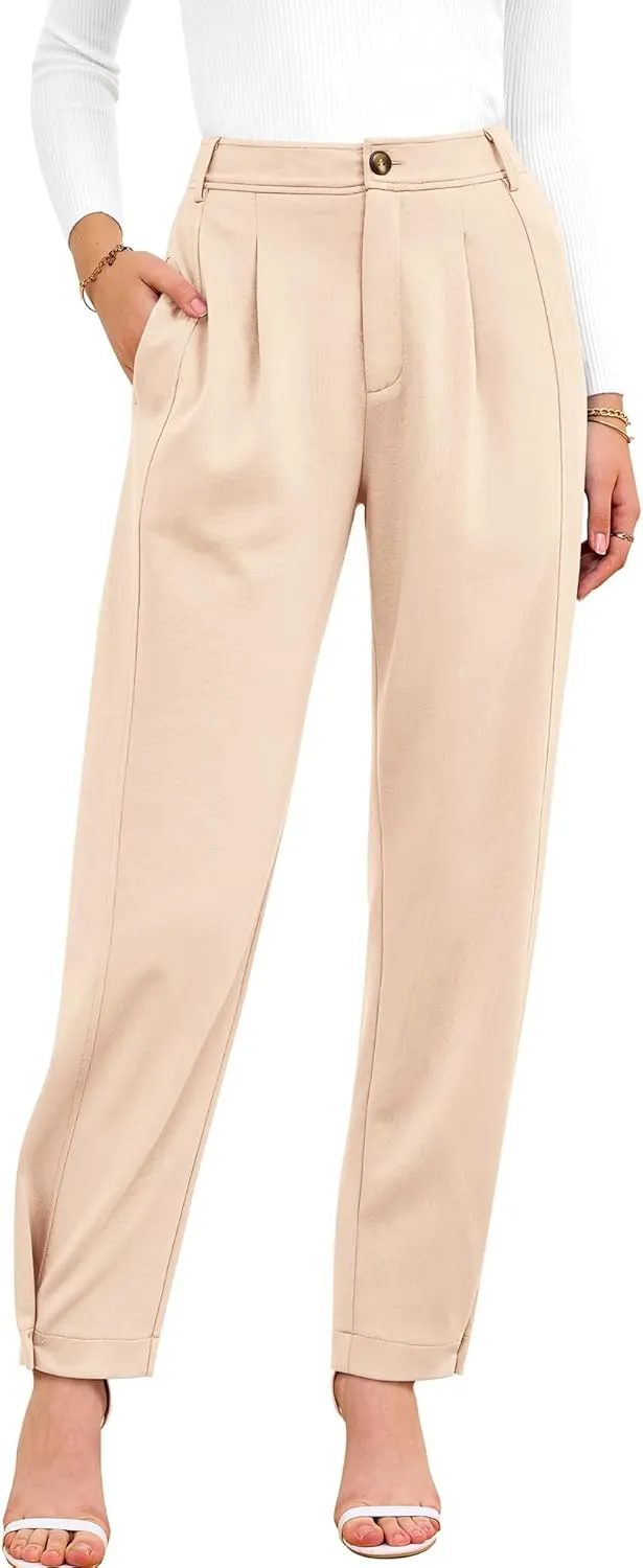 BTFBM Women's 2025 Casual Button Down Pants Elastic High Waist Business Work Trousers Long Straight Slacks with Pockets