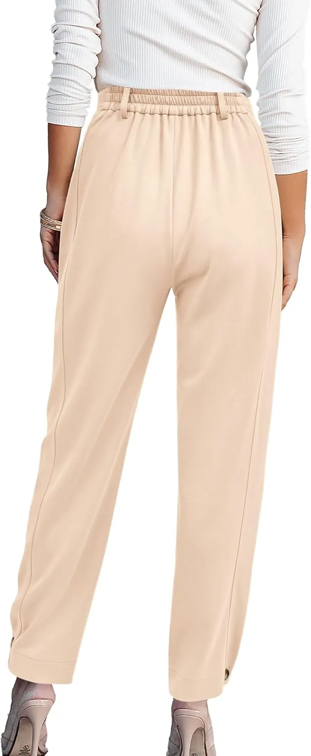 BTFBM Women's 2025 Casual Button Down Pants Elastic High Waist Business Work Trousers Long Straight Slacks with Pockets