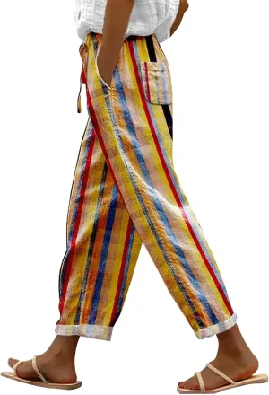 Capri Linen Pants for Women Drawstring Capri Pants with Pockets Wide Leg Cropped Pants for Women Womens Linen Pants