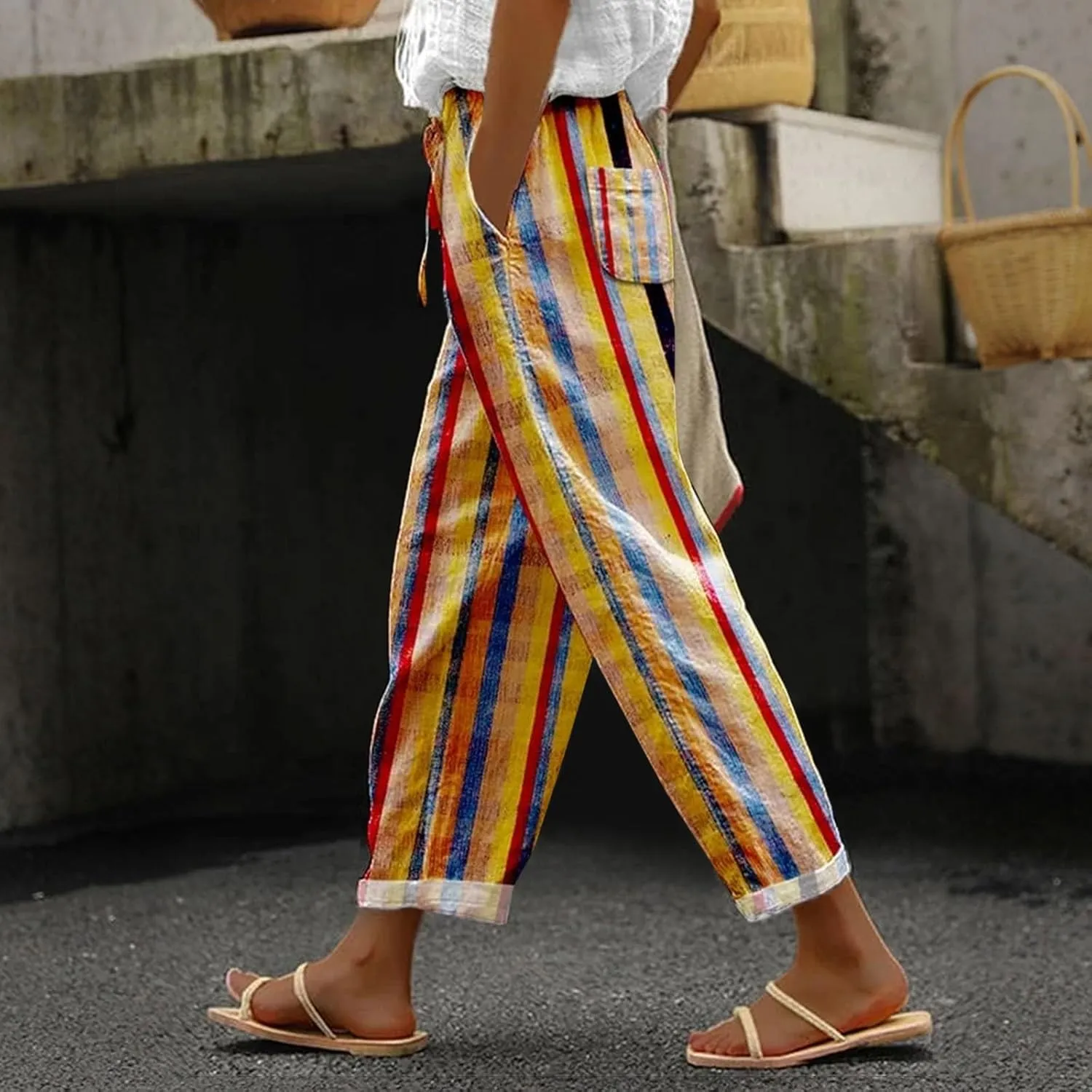 Capri Linen Pants for Women Drawstring Capri Pants with Pockets Wide Leg Cropped Pants for Women Womens Linen Pants