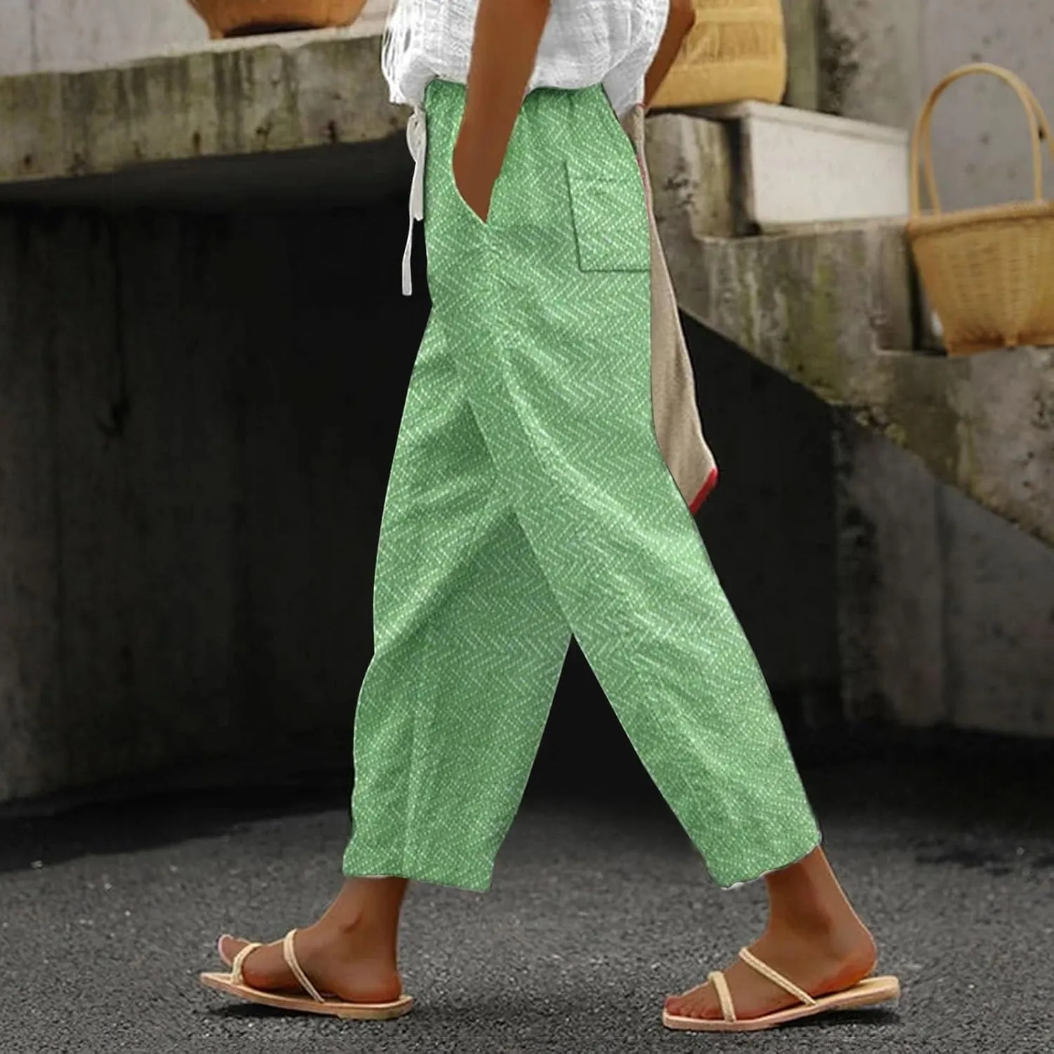 Capri Linen Pants for Women Drawstring Capri Pants with Pockets Wide Leg Cropped Pants for Women Womens Linen Pants