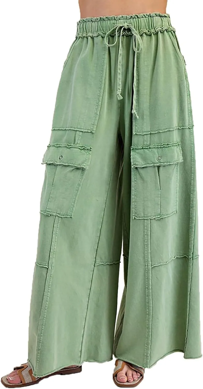 Cargo Jeans for Women Casual Baggy High Waisted Drawstring Wide Leg Jeans Lightweight Flowy Y2K Palazzo Pants with Pockets