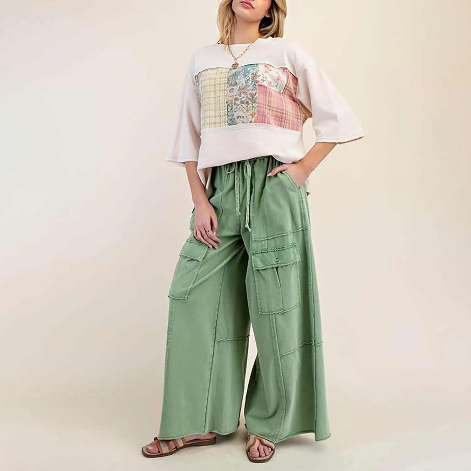 Cargo Jeans for Women Casual Baggy High Waisted Drawstring Wide Leg Jeans Lightweight Flowy Y2K Palazzo Pants with Pockets