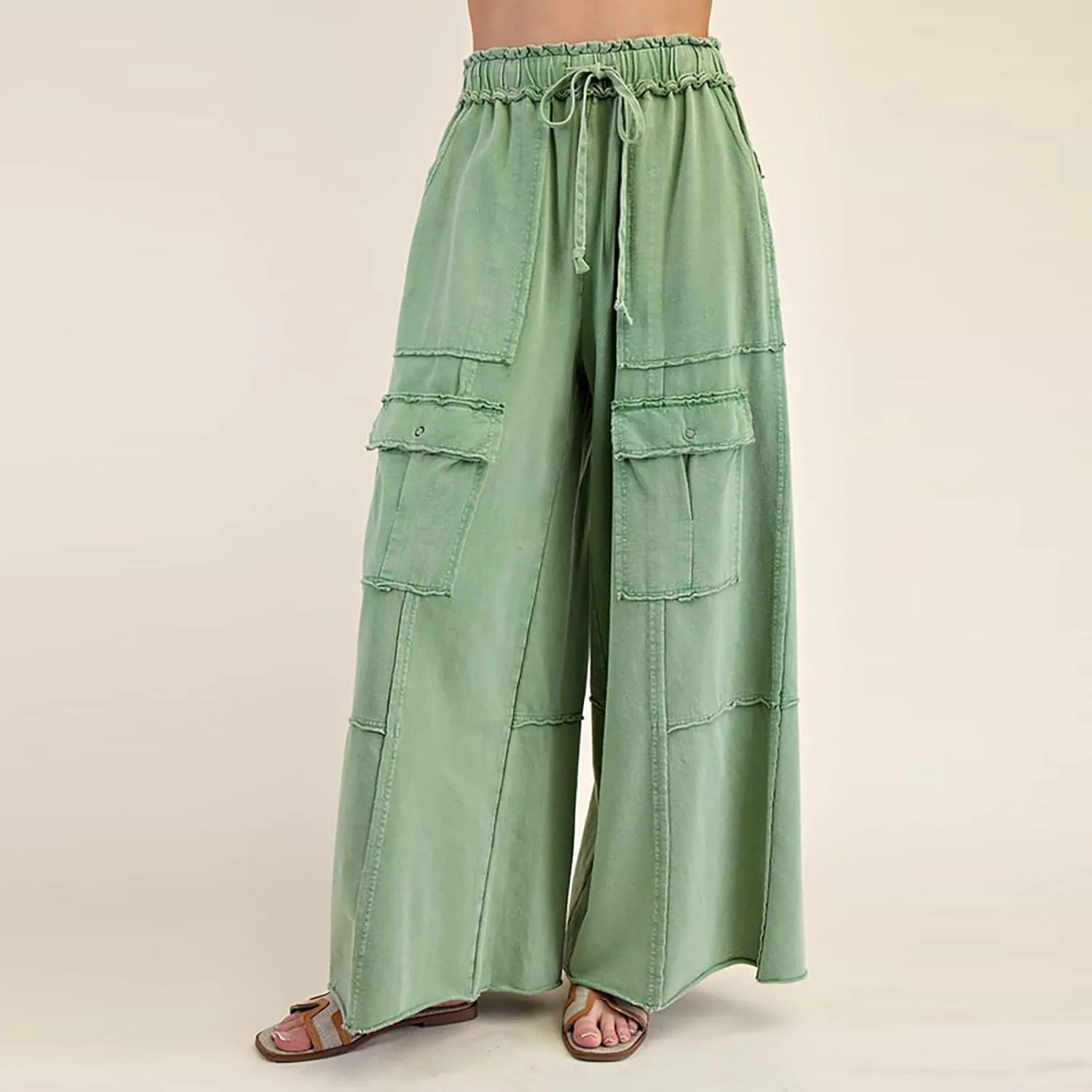 Cargo Jeans for Women Casual Baggy High Waisted Drawstring Wide Leg Jeans Lightweight Flowy Y2K Palazzo Pants with Pockets