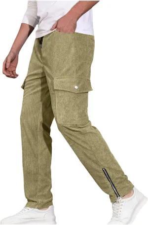 Cargo Pants for Men Trendy Solid Color Corduroy Pants Elastic Waist Drawstring Hiking Pants Classic-Fit Outdoors Pants
