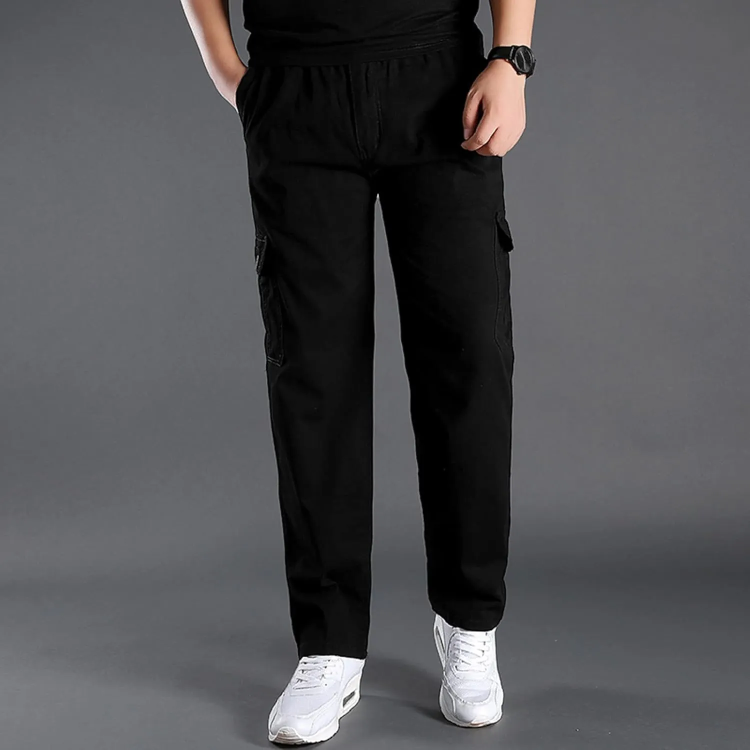 Cargo Pants for Men,Men's Cotton Linen Pants Elastic Lightweight Drawstring Waist Pants Fall Cargo Pants with Pockets