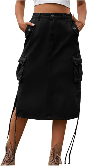 Cargo Skirts for Women Midi Long Denim Jean Skirt High Waisted Summer A-Line Y2K Cargo Pencil Denim Skirt with Pocket