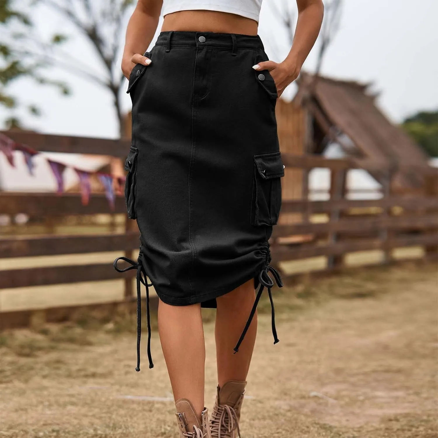 Cargo Skirts for Women Midi Long Denim Jean Skirt High Waisted Summer A-Line Y2K Cargo Pencil Denim Skirt with Pocket