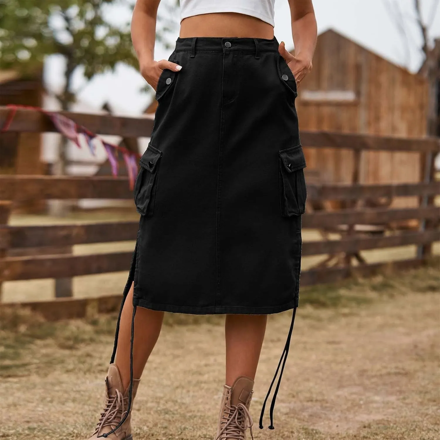 Cargo Skirts for Women Midi Long Denim Jean Skirt High Waisted Summer A-Line Y2K Cargo Pencil Denim Skirt with Pocket