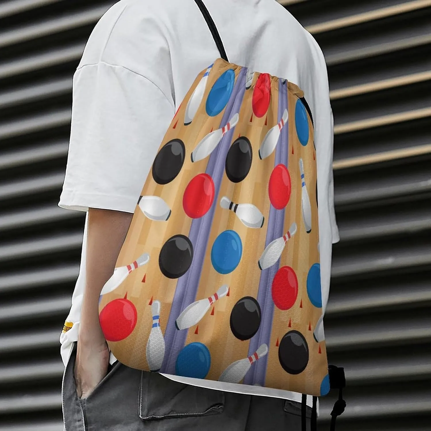 Cartoon Bowling Ball Drawstring Bags Drawstring Backpack For Gym Travel Hiking Camping