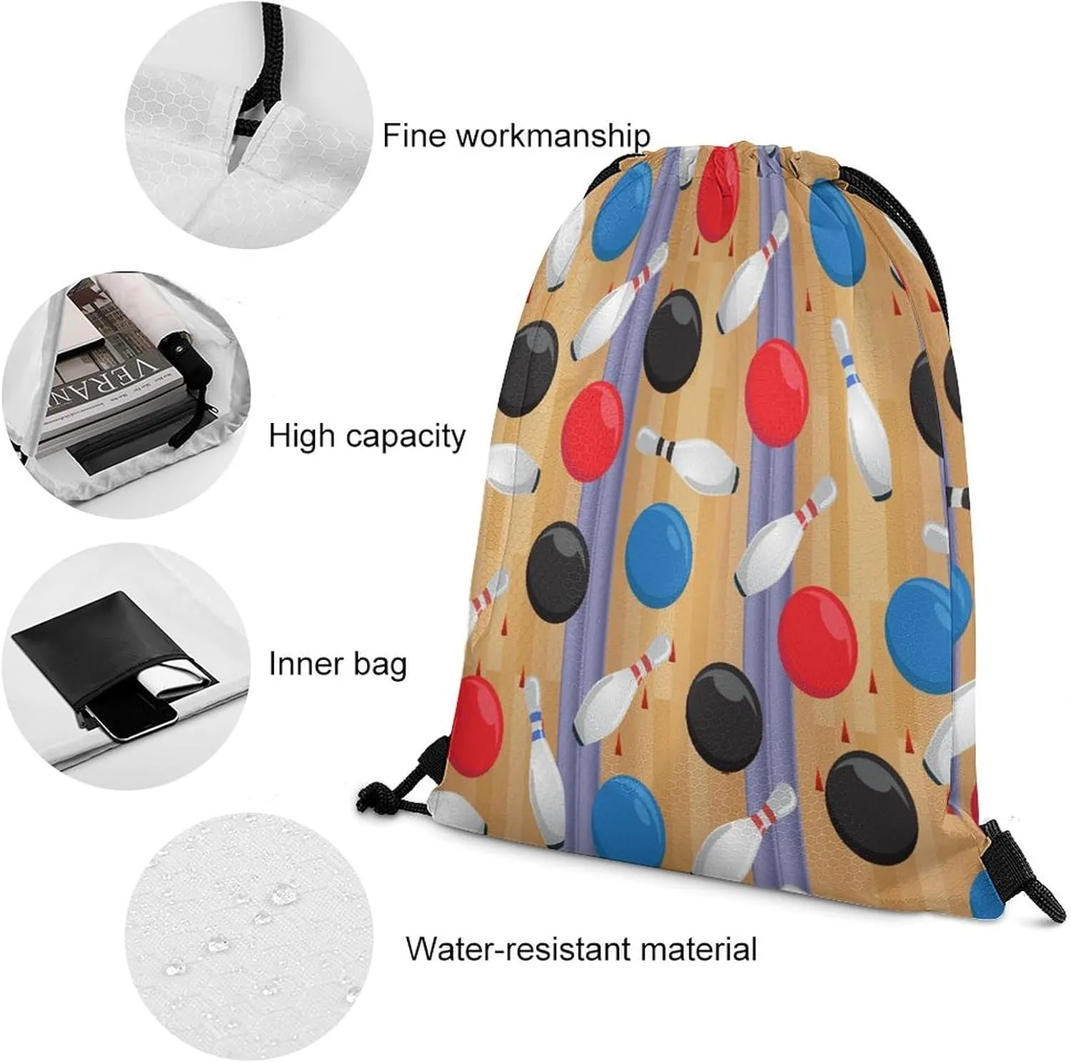 Cartoon Bowling Ball Drawstring Bags Drawstring Backpack For Gym Travel Hiking Camping
