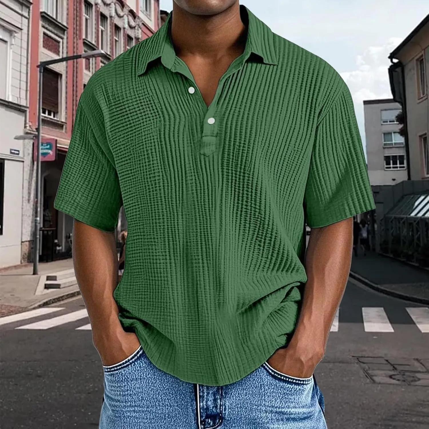 Casual Polo Shirts for Men Classic Pleated Textured Tops Summer Moisture Wicking Quick Dry Shirts Button Lapel Tops