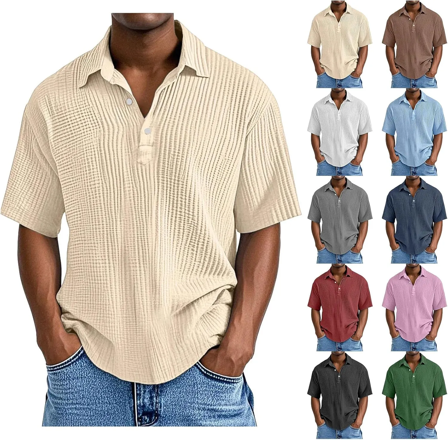 Casual Polo Shirts for Men Classic Pleated Textured Tops Summer Moisture Wicking Quick Dry Shirts Button Lapel Tops