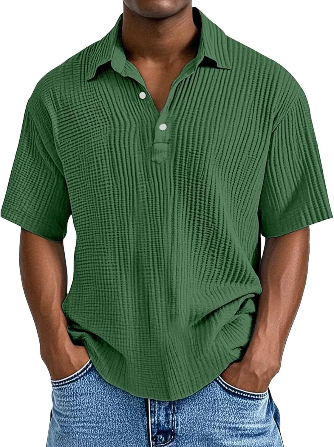Casual Polo Shirts for Men Classic Pleated Textured Tops Summer Moisture Wicking Quick Dry Shirts Button Lapel Tops