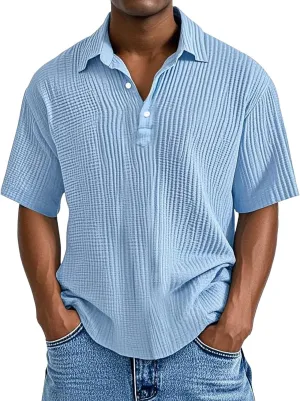 Casual Polo Shirts for Men Classic Pleated Textured Tops Summer Moisture Wicking Quick Dry Shirts Button Lapel Tops