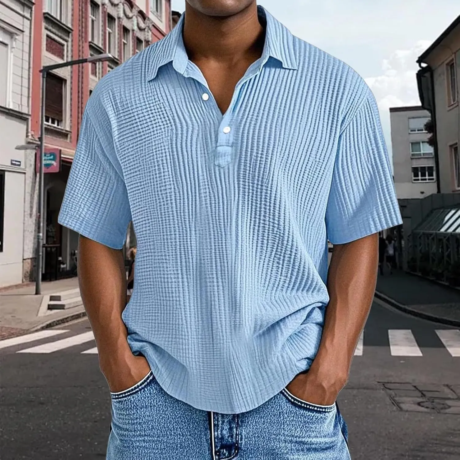 Casual Polo Shirts for Men Classic Pleated Textured Tops Summer Moisture Wicking Quick Dry Shirts Button Lapel Tops