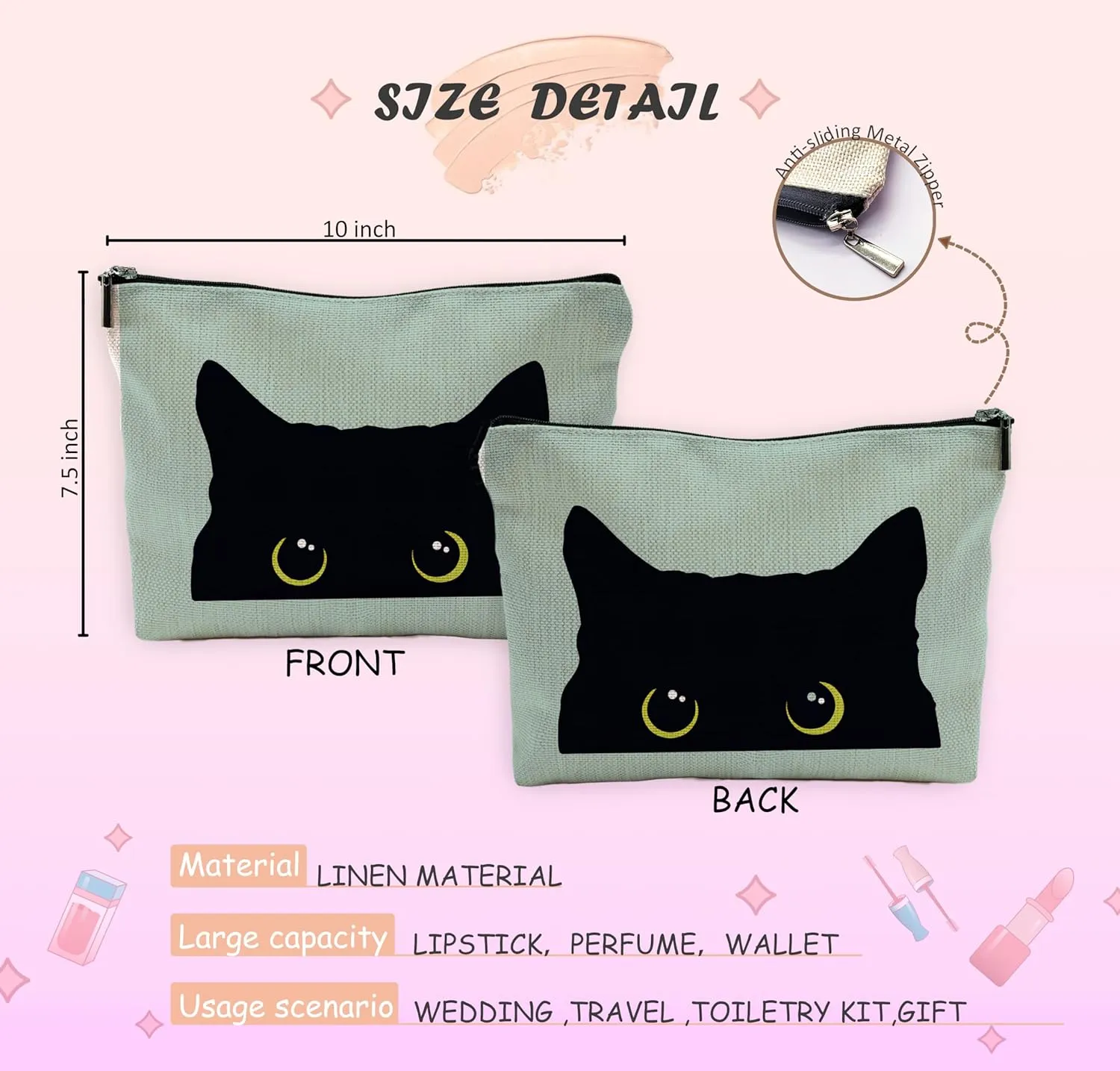 Cat Makeup Bag - Black Kitty Cosmetic Bag for Women, Cat Mom Gifts, Small Makeup Bag (Green)