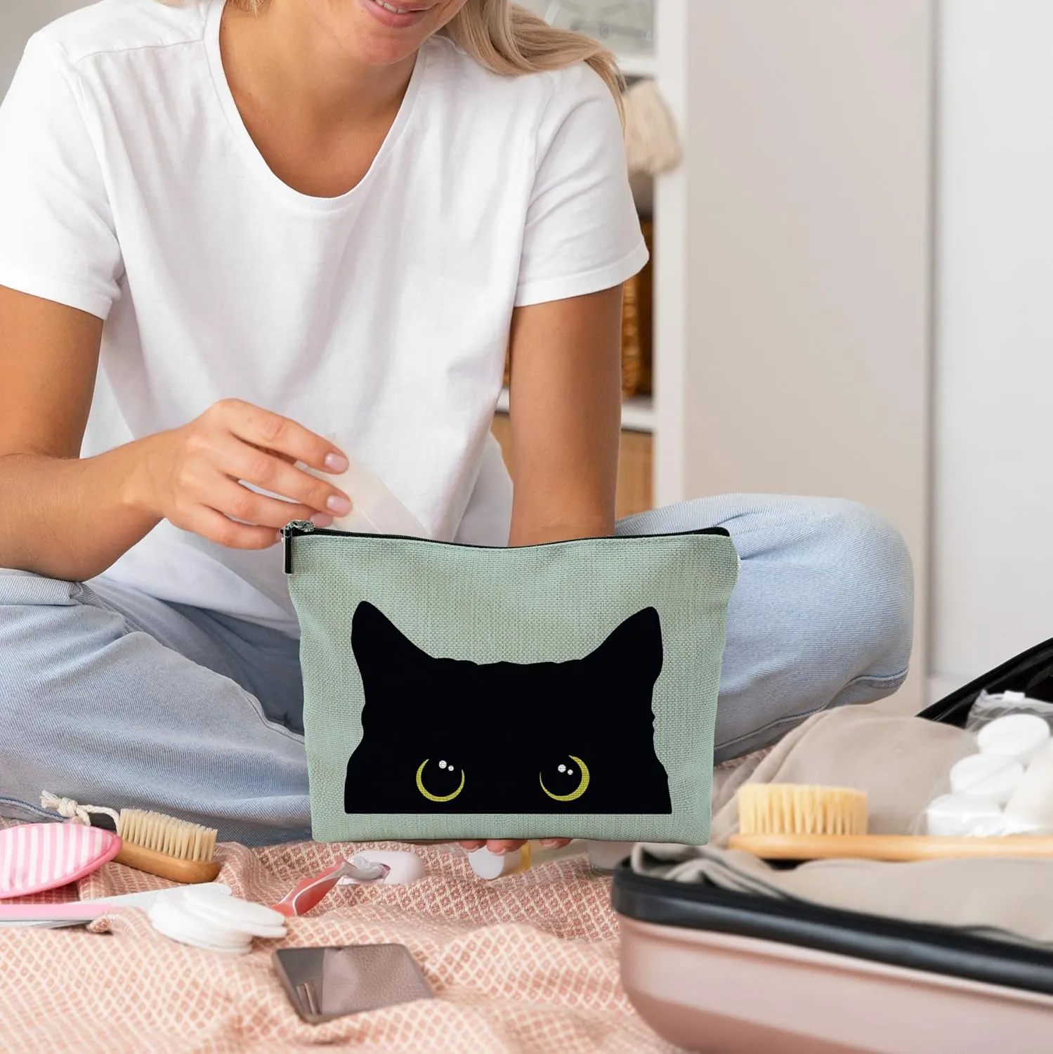 Cat Makeup Bag - Black Kitty Cosmetic Bag for Women, Cat Mom Gifts, Small Makeup Bag (Green)