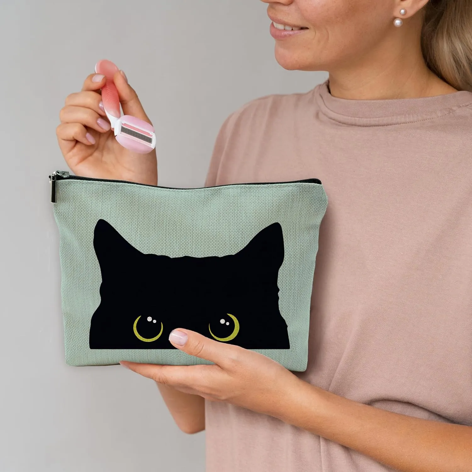 Cat Makeup Bag - Black Kitty Cosmetic Bag for Women, Cat Mom Gifts, Small Makeup Bag (Green)
